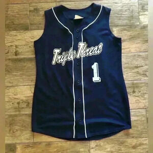 Vtg baseball softball local league dark blue white baseball jersey men Small